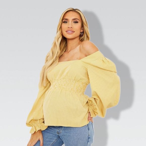 PrettyLittleThing Tops - Plaid Puffer Sleeve Shirt Yellow White